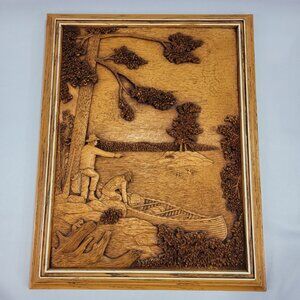 Kim Murray Vintage River Canoeing Picture 15"x19" Canoe Wilderness Wood Carving